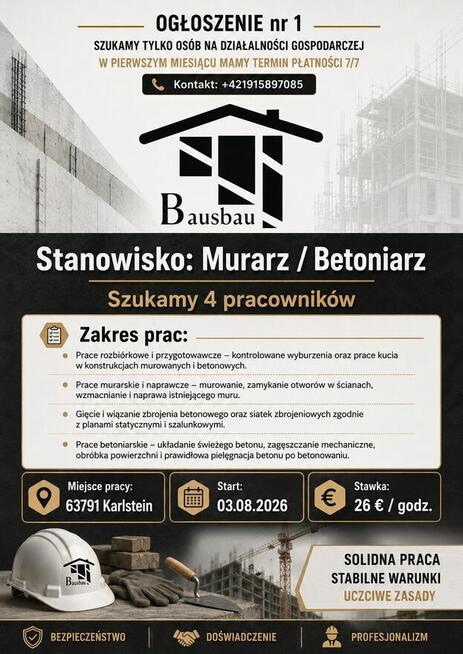 Murarz / Betoniarz – Niemcy – 26 €/h | Praca od zaraz