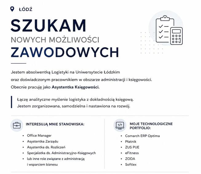 Administracja, Księgowość, Rozliczenia – szukam pracy!