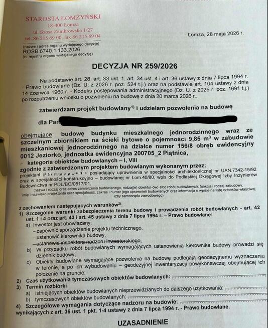 Działka z pozwoleniem na budowę Jeziorko, ul.Chabrowa/ Łomża