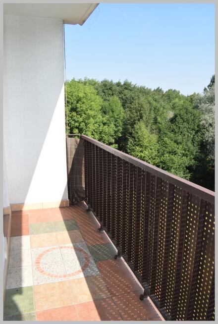 Trzecie piętro w niskim bloku, duży balkon.