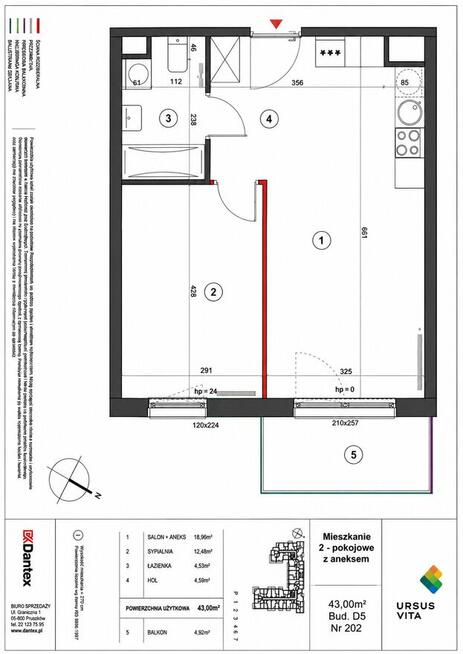 NOWE 2 POKOJE | 43 m² | 5/7 PIĘTRO | WSCHÓD | BALKON 4,92 m²
