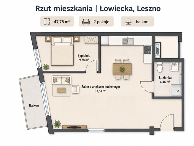 NOWE | 48 m² |2 pokoje | Balkon | Winda | Projekt