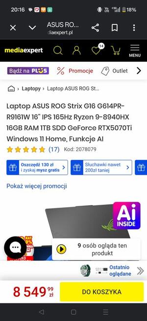PROMOCJA 7600do 13.08 Sprzedam laptopa ASUS ROG Strix G16