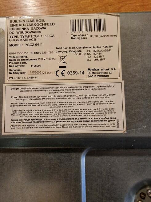 Kuchenka gazowa Amica -nablatowa