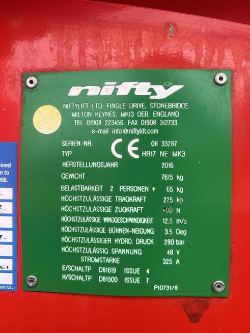 Podnośnik koszowy Niftylift HR17 NE MK3