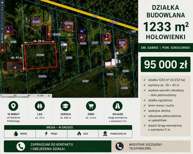 Działka budowlana 1233 m² | 10 min od Sokołowa | 95 000 zł