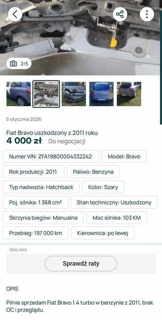 Fiat bravo z 2011 uszkodzony