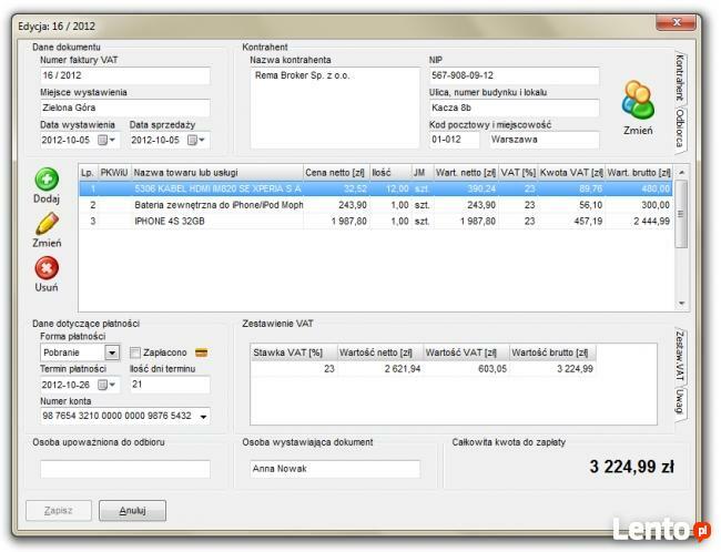 Sprzedaż i Magazyn - Fakturowanie z obsługą magazynu, Faktur