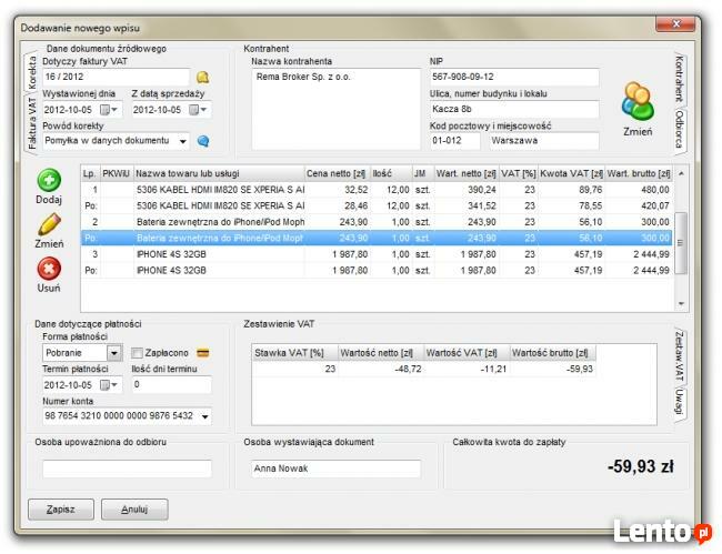 Sprzedaż i Magazyn - Fakturowanie z obsługą magazynu, Faktur