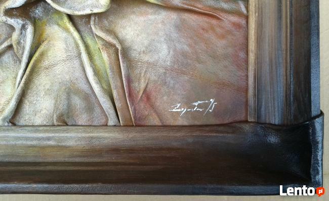 Obraz Stary z Podpisem - Wytłaczana Skóra, Widok z Chatą