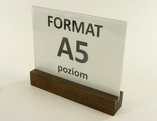 Stojak na menu / ulotki z plexi z drewnianą podstawką