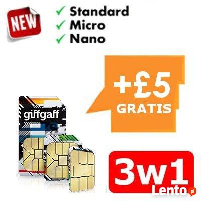 OKAZJA! Karta SIM (3w1) Anglia GiffGaff (O2) UK + 5 GBP