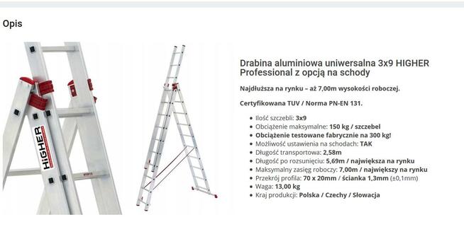 Drabina aluminiowa max. wysokość robocza 7,0 metrów -wynaje