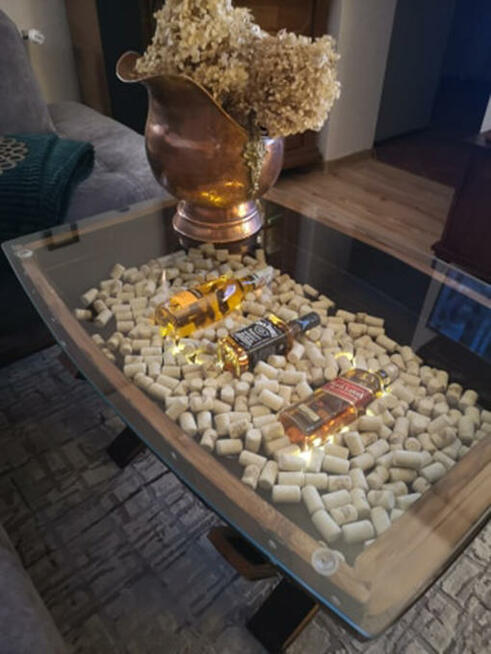 Dębowa Ława z Beczki po Whisky ze szklanym blatem