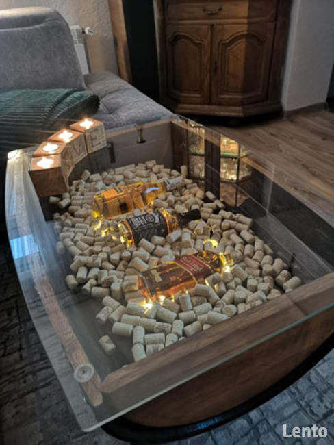 Dębowa Ława z Beczki po Whisky ze szklanym blatem