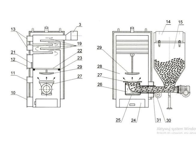 Kocioł z podajnikiem na ekogroszek + ruszt drewno 10kW >60m2