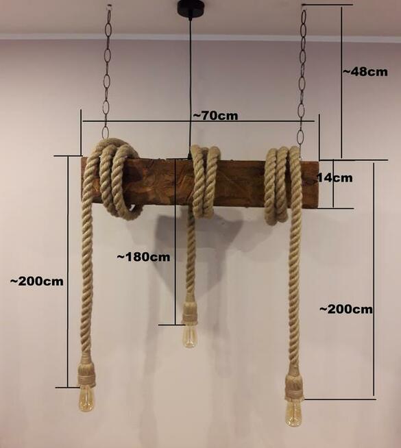 Lampa OLD BEAM z liny jutowej i starej belki żyrandol 3x E27