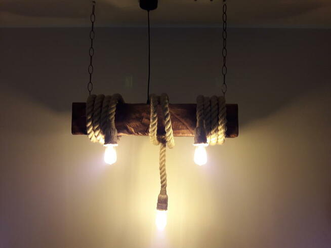 Lampa OLD BEAM z liny jutowej i starej belki żyrandol 3x E27