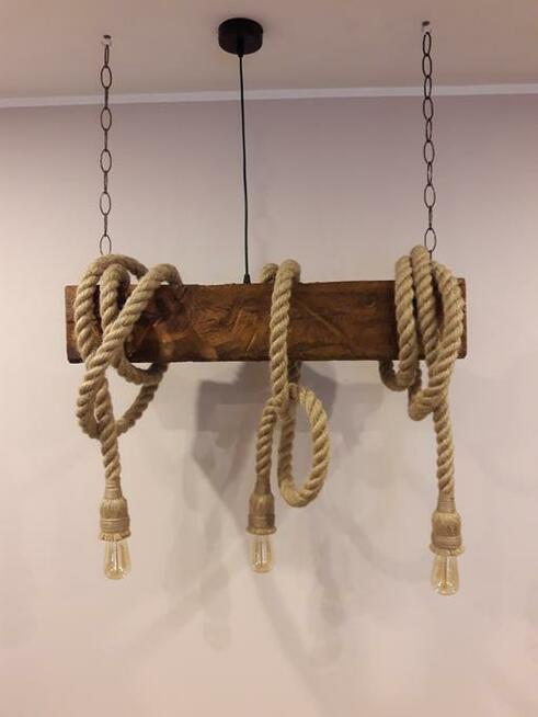 Lampa OLD BEAM z liny jutowej i starej belki żyrandol 3x E27