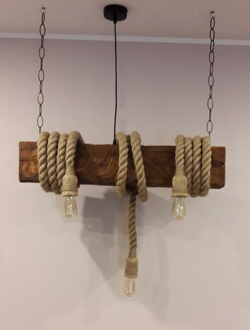 Lampa OLD BEAM z liny jutowej i starej belki żyrandol 3x E27