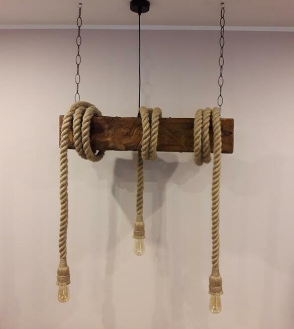 Lampa OLD BEAM z liny jutowej i starej belki żyrandol 3x E27
