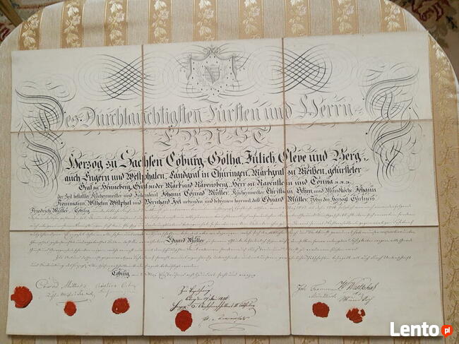 Rękopis Książę Saksonii Coburg - 1846 rok - Certyfikat