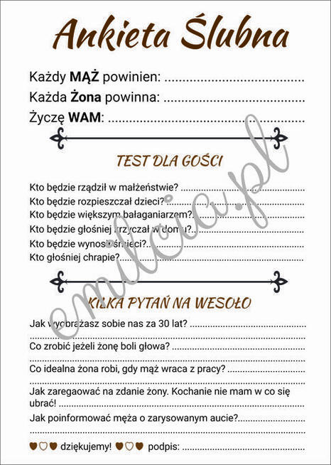 Ankiety Weselne A4 lub 2x A5