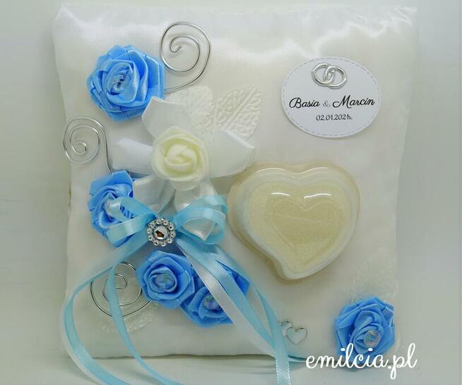 Poduszka Na OBRĄCZKi Biel, Zieleń i Srebro ŚLUB emilcia.pl