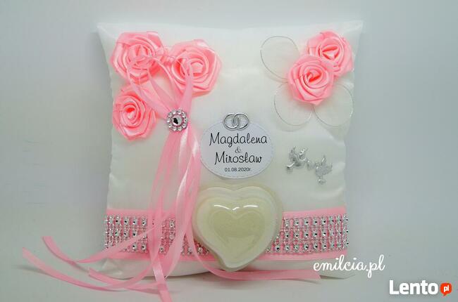 Poduszka Na OBRĄCZKi Róż i Srebro OZDOBA ŚLUB Wesele Wedding