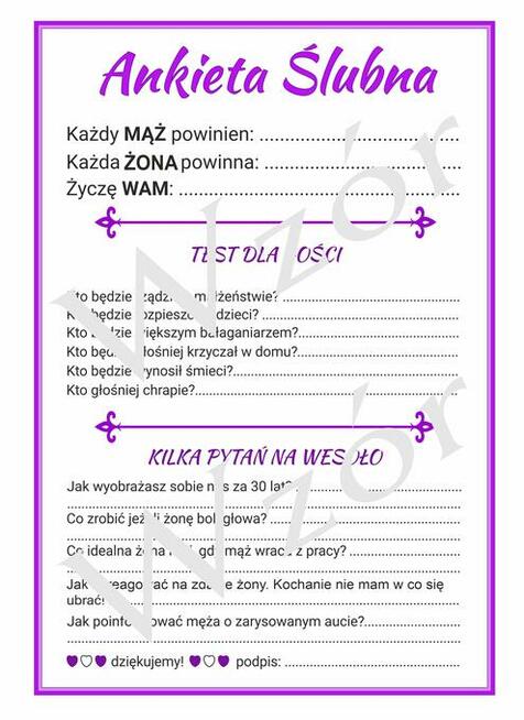 Ankiety Weselne A4 lub 2x A5