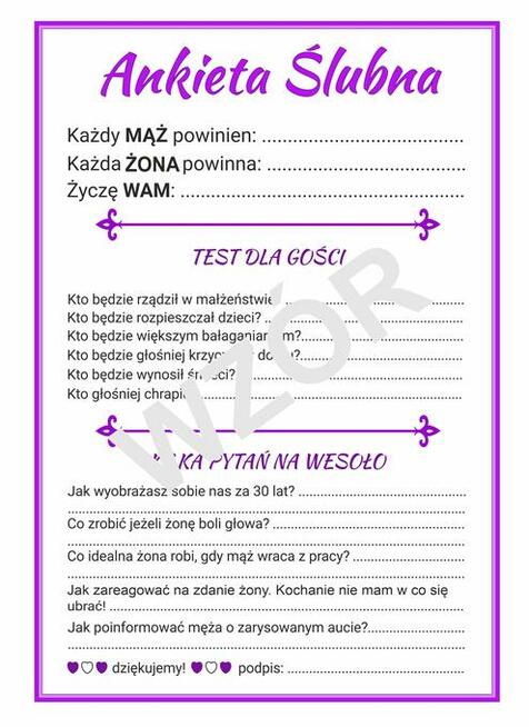 Ankiety Weselne A4 lub 2x A5
