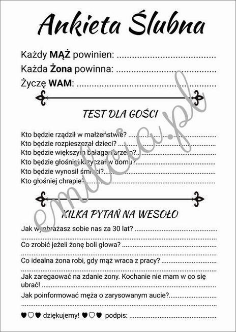 Ankiety Weselne A4 lub 2x A5