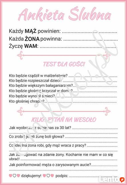 Ankiety Weselne A4 lub 2x A5