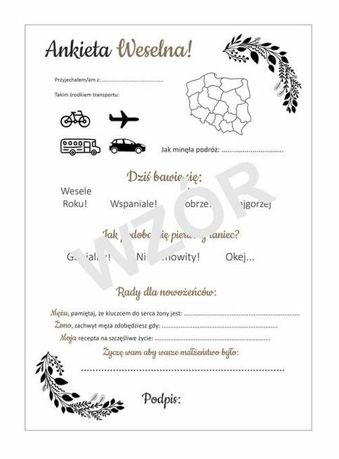 Ankiety Weselne A4 lub 2x A5