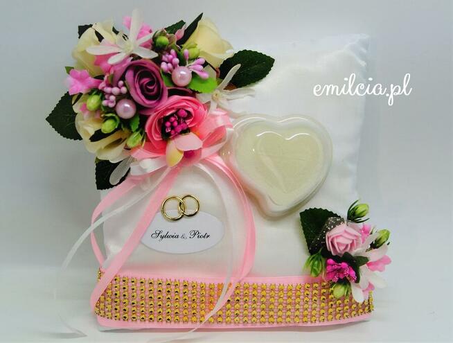 Poduszka Na OBRĄCZKi Biel, Zieleń i Srebro ŚLUB emilcia.pl