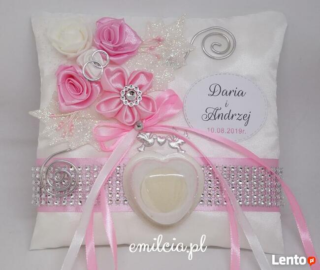 Poduszka Na OBRĄCZKi Biel, Zieleń i Srebro ŚLUB emilcia.pl
