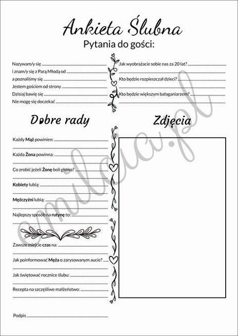 Ankiety Weselne A4 lub 2x A5
