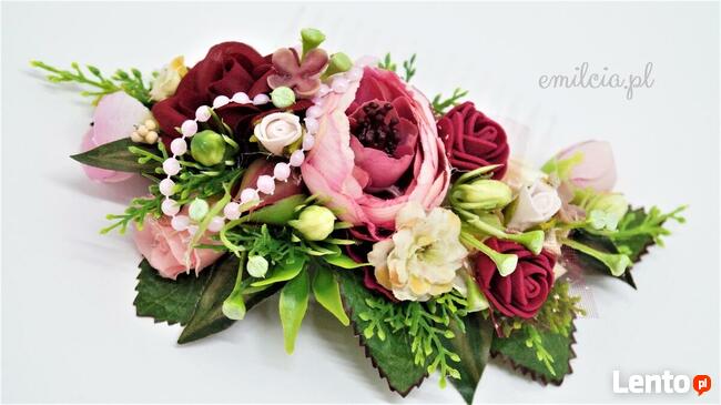 Grzebyk ozdoba do włosów Bordowo - Różowa Ozdoba Ślub