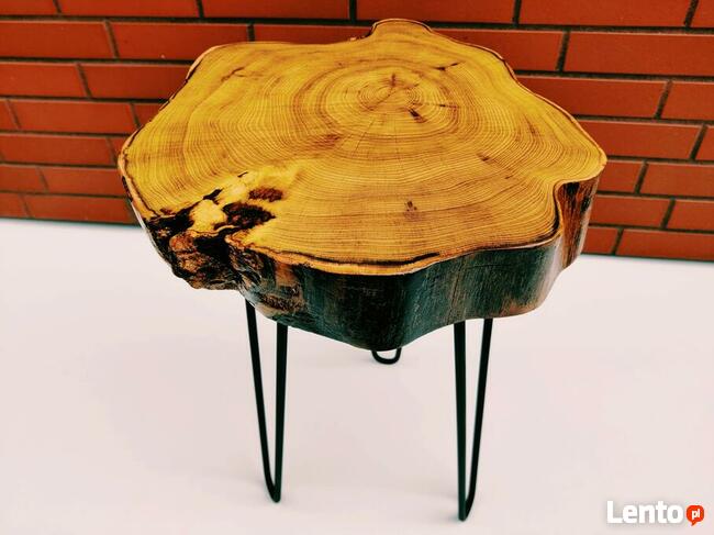 Stolik kawowy drewniany, plaster drewna, loft, żywica