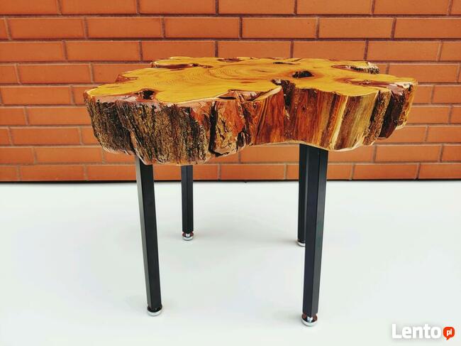 Stolik kawowy drewniany, plaster drewna, loft, żywica