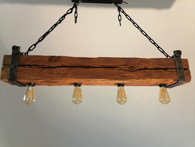 Drewniana lampa, żyrandol RETRO, Loft. 120lat stara belka. RA