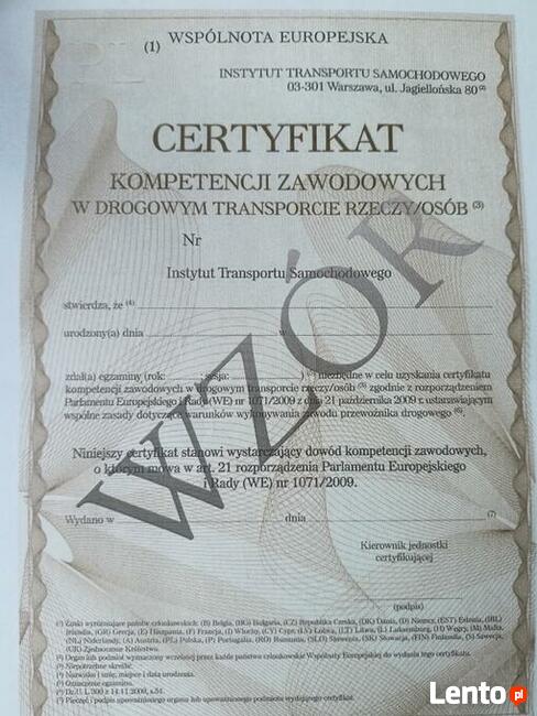 Certyfikat kompetencji zawod. w krajowym transporcie rzeczy