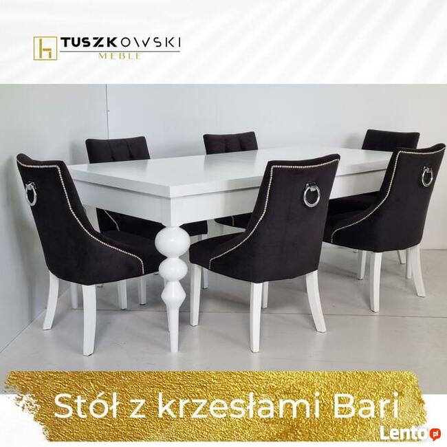 Stół drewniany na nogach toczonych + krzesła tapicerowane