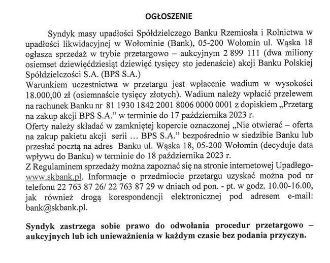 Akcje Banku Polskiej Spółdzielczości BPS S.A.
