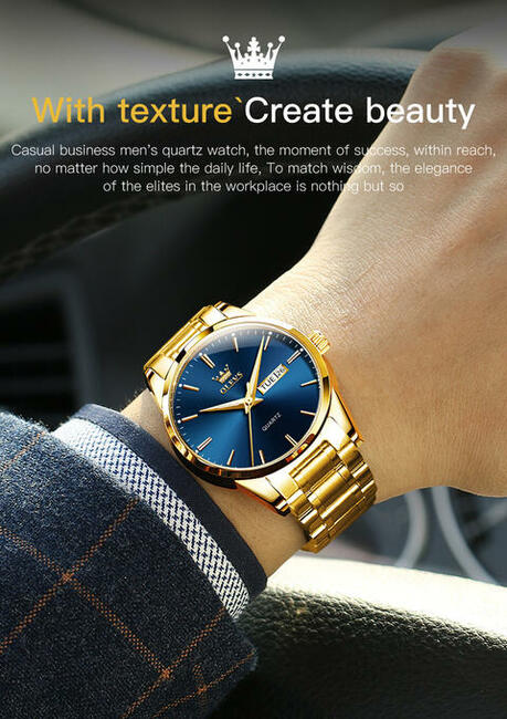 Zegarek męski złoty klasyczny na ślub granatowy datownik