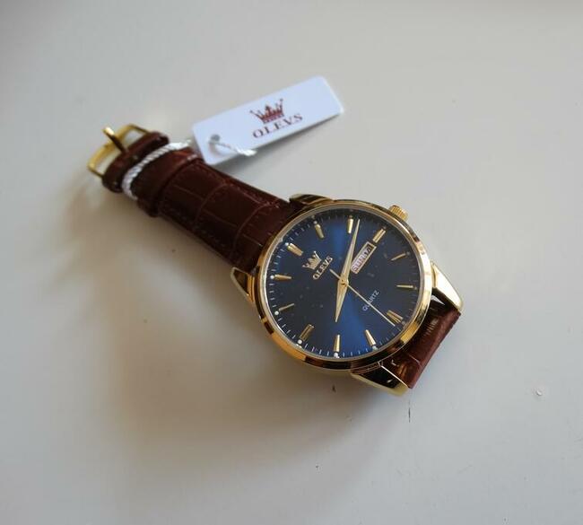 Zegarek męski złoty klasyczny na ślub granatowy datownik