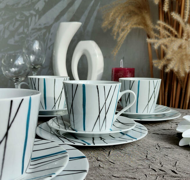 Zestaw śniadaniowy filiżanka / spodek Paski ręcznie malowane