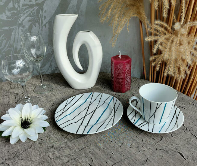 Zestaw śniadaniowy filiżanka / spodek Paski ręcznie malowane