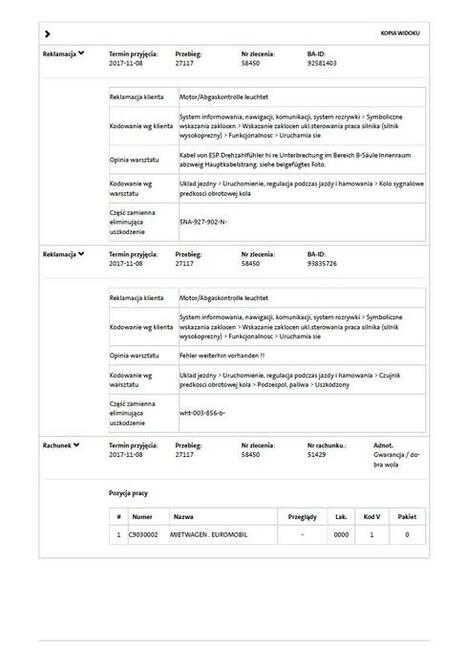 VW VOLKSWAGEN VIN, Sprawdzenie Historia serwisowa, Przebieg