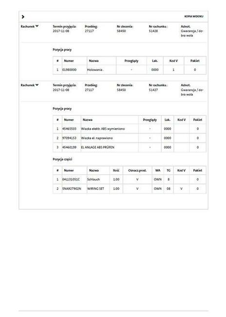VW VOLKSWAGEN VIN, Sprawdzenie Historia serwisowa, Przebieg